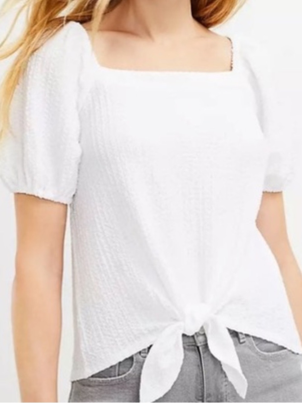LOFT‎ seersucker White Square-Neck Tie-Front Top blouse Sz M